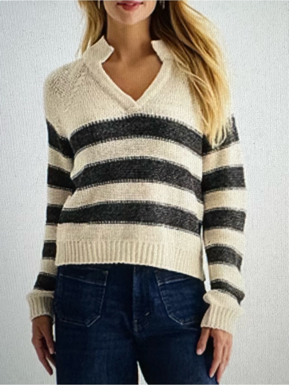 a.n.a. A New Approach M Striped V‑Notch Pullover Sweater in Cream and Charcoal - Picture 1 of 5